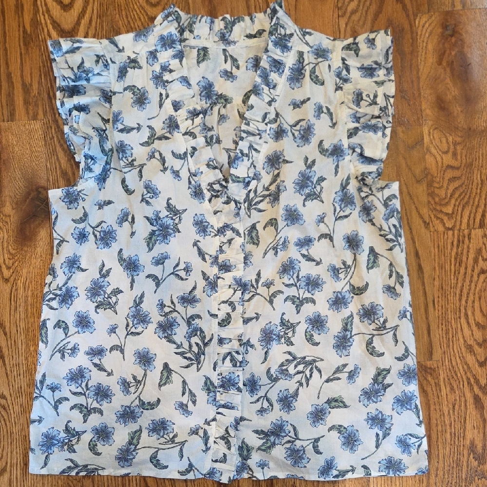 J. Crew Blue and White Floral Ruffle V-Neck Blouse